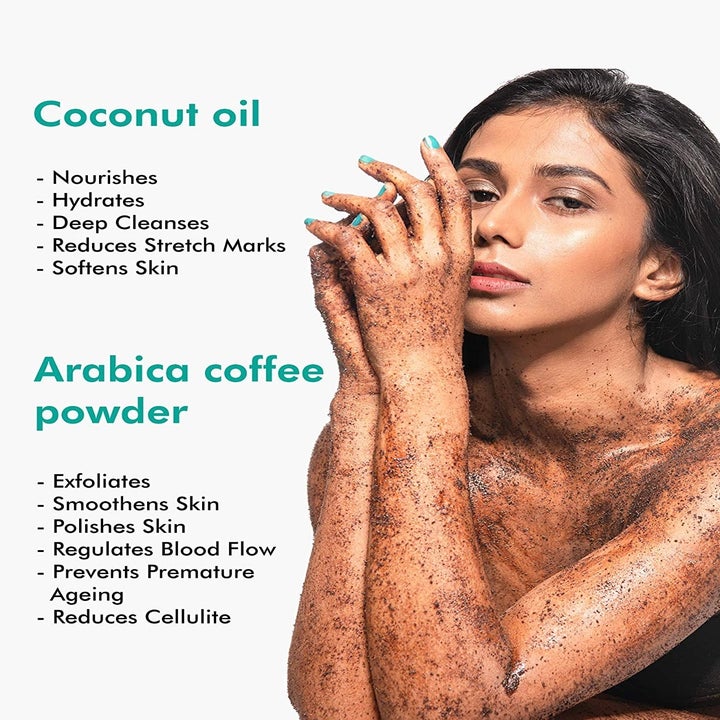 A woman with the coffee body scrub on with benefits of the ingredients used 