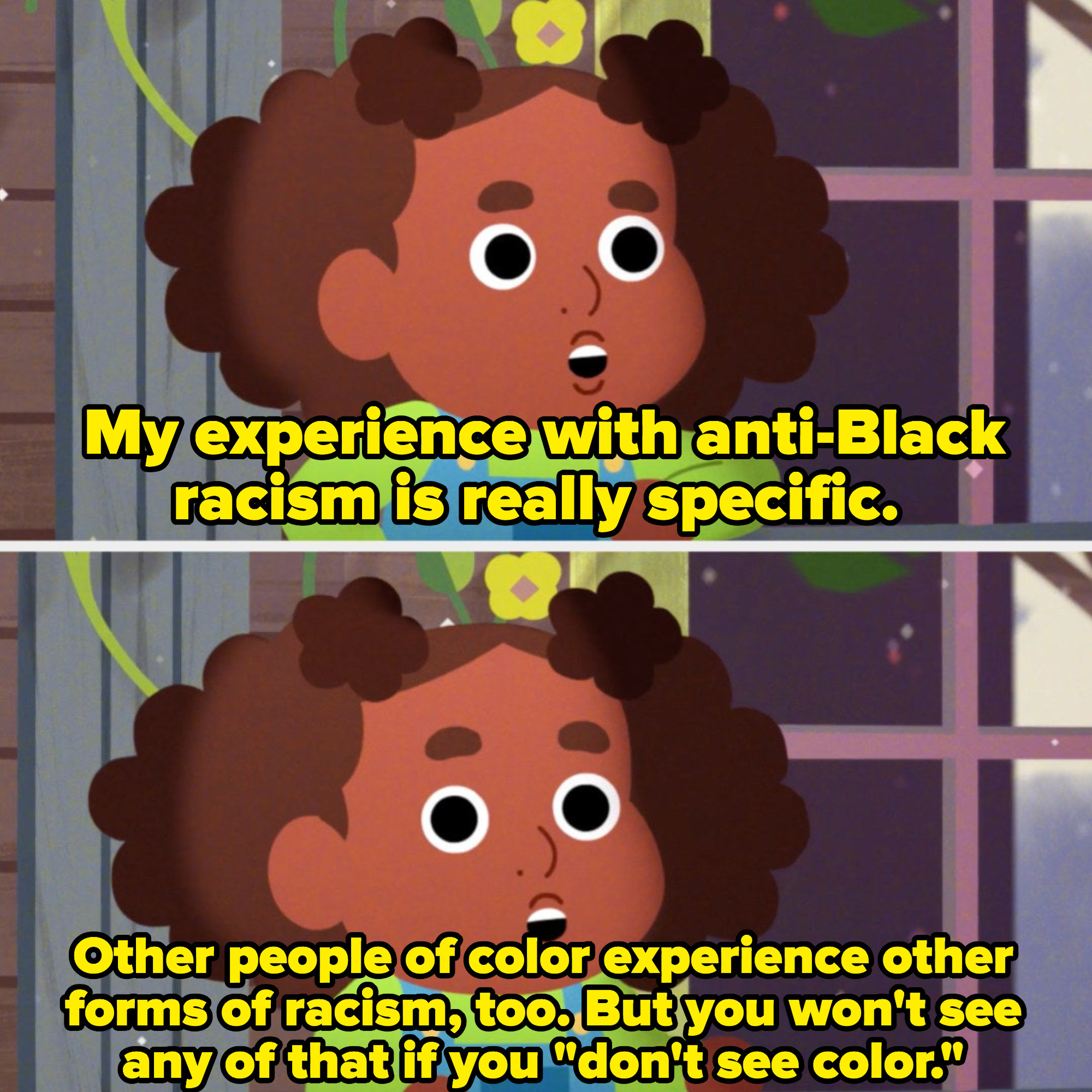 child says, &quot;my experience with anti-black racism is really specific. other people of color experience other forms of racism, too. but you won&#x27;t see any of that if you &#x27;don&#x27;t see color&quot;