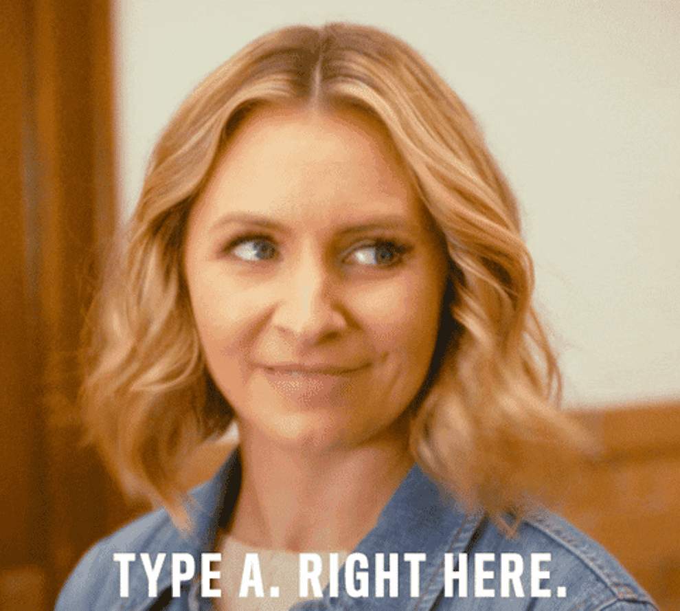 Gif of character smiling and saying &quot;Type A. Right here.&quot; 