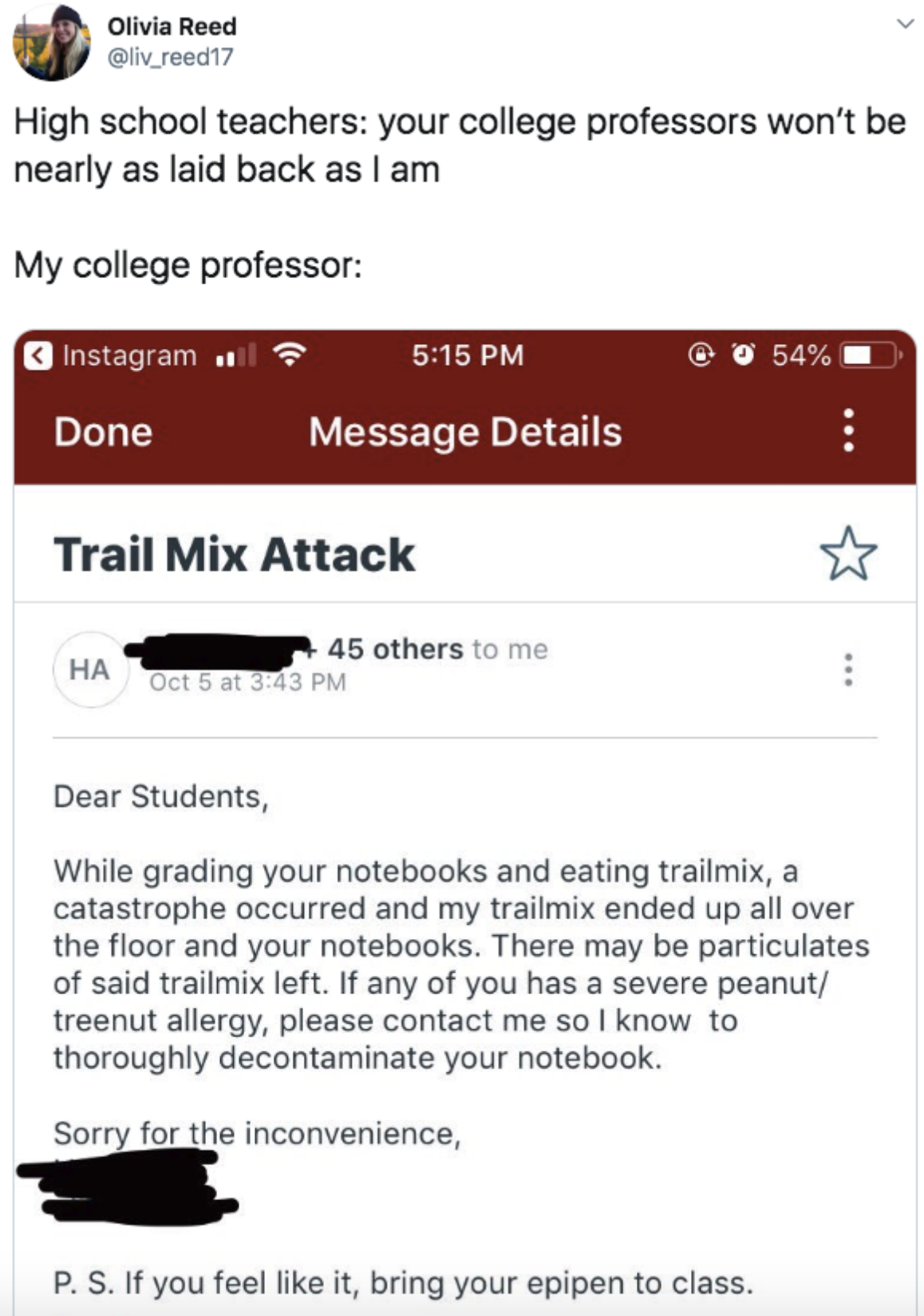 professor emailing their students to say they had a trail mix attack