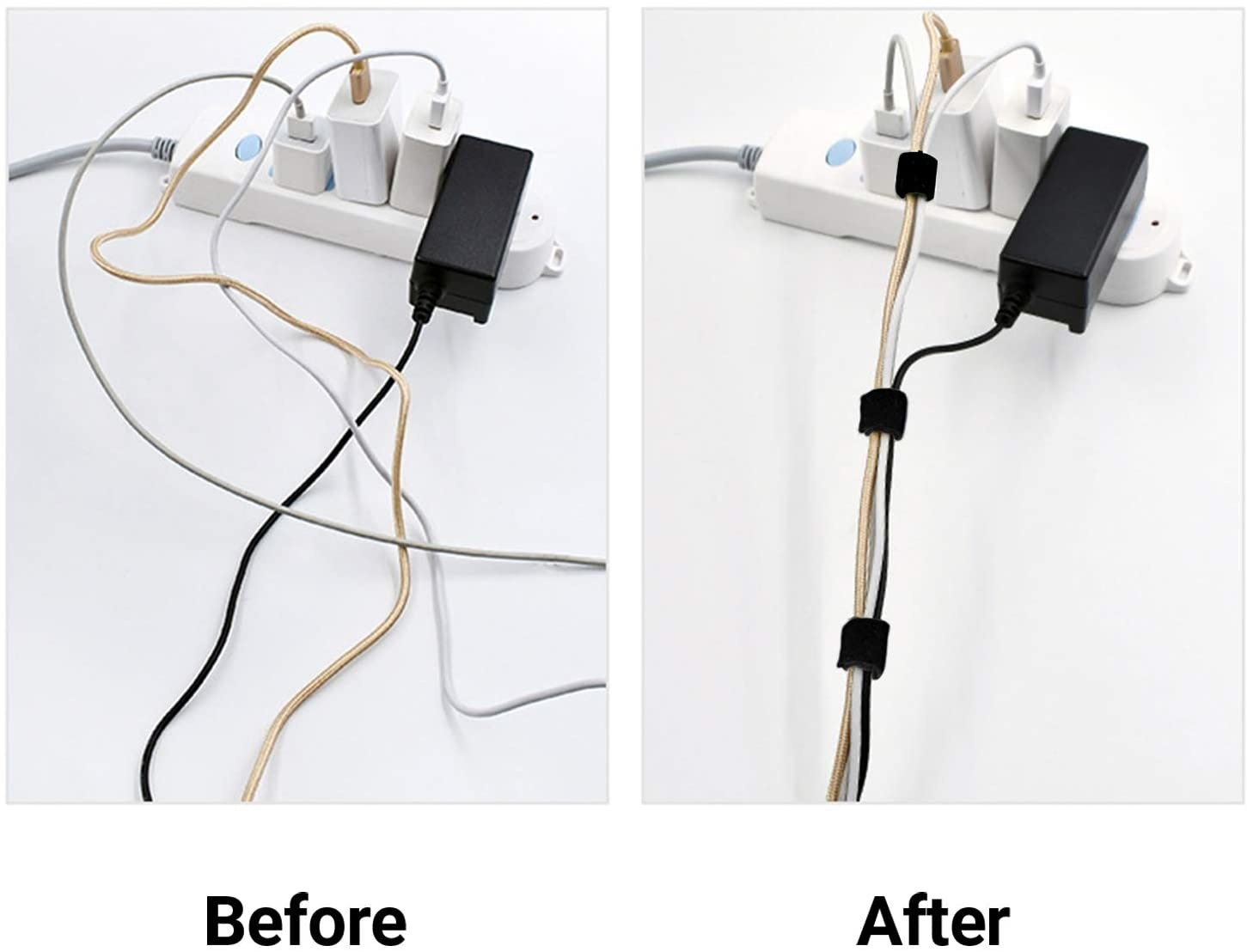 A before and after photo showing tangled cords that are then organized and fastened neatly