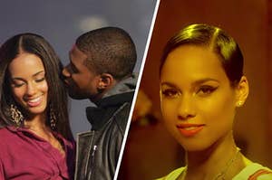 Alicia Keys and Usher are on the left kissing with another portrait on the right