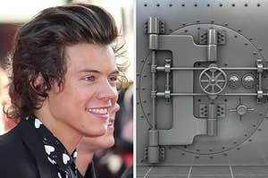 Harry Styles on the left and a close bank vault on the right