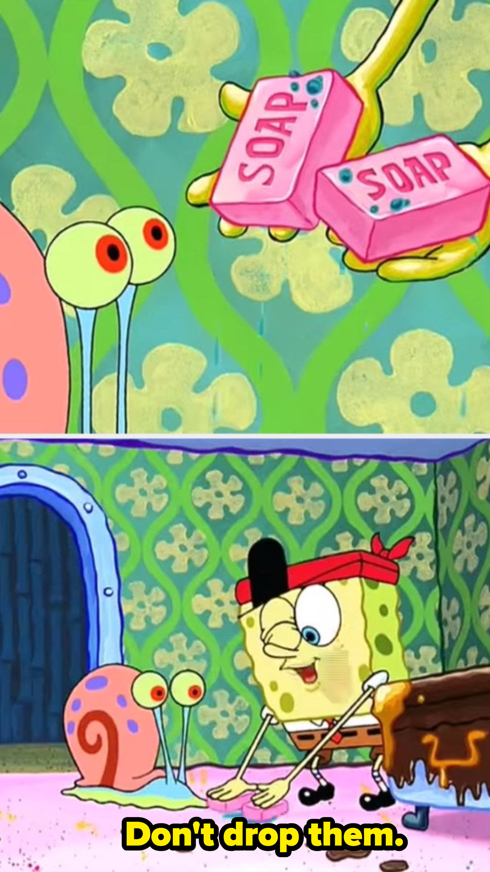 SpongeBob handing Gary two bars of soap and saying, &quot;Don&#x27;t drop them.&quot;