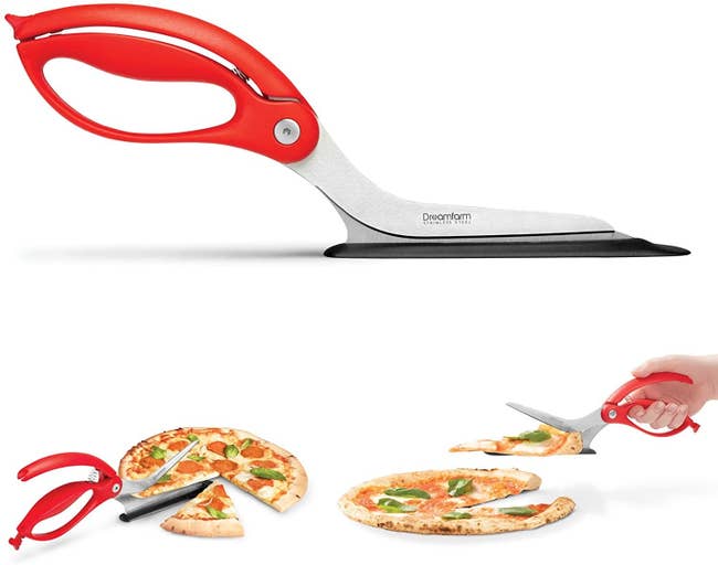 the red scissors cutting a slice of pizza