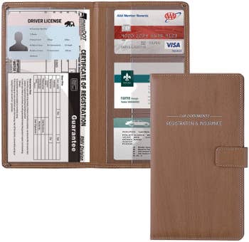 Clutch-shaped thin card holder with pockets for insurance cards, license, and registration 