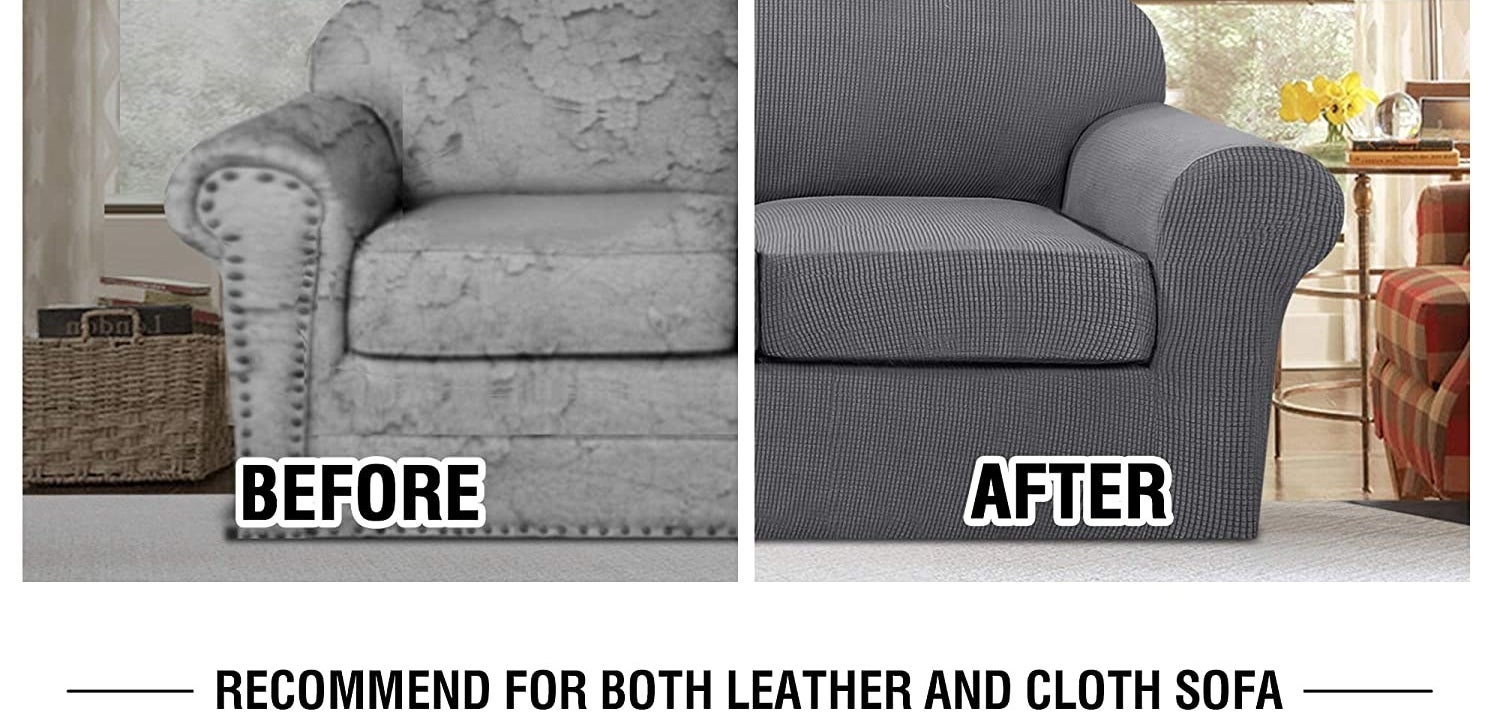 a before and after of a couch with the cover on