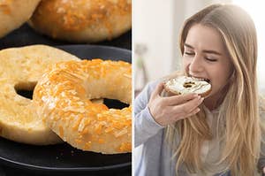 A cheese bagel on a plate and a woman eating a bagel with cream cheese.