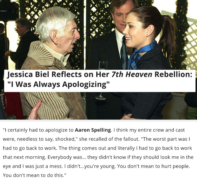 An image of Jessica Biel and Aaron Spelling with text from Biel&#x27;s interview with E: &quot;I had to apologize to Aaron Spelling. I think my entire crew and cast were shocked&quot;