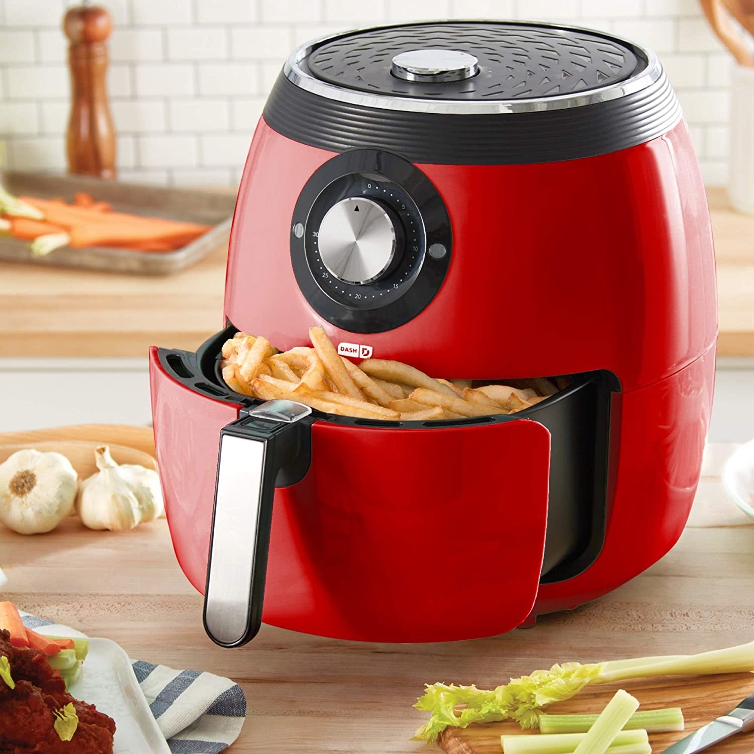 red air fryer with fries inside non-stick air frying basket