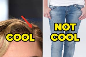 Miley Cyrus' side part labeled "cool" next to a pair of skinny jeans labeled "not cool"
