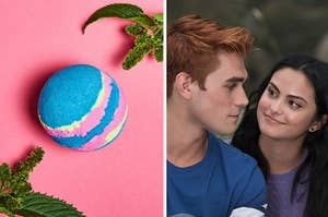 Archie and Veronica from Riverdale looking at each other romantically beside a colorful bath bomb 