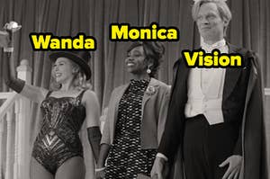 Elizabeth Olsen as Wanda Maximoff, Paul Bettany as Vision, and Teyonah Parris as Monica Rambeau in the show "WandaVision."