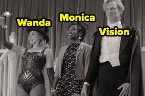 Elizabeth Olsen as Wanda Maximoff, Paul Bettany as Vision, and Teyonah Parris as Monica Rambeau in the show "WandaVision."