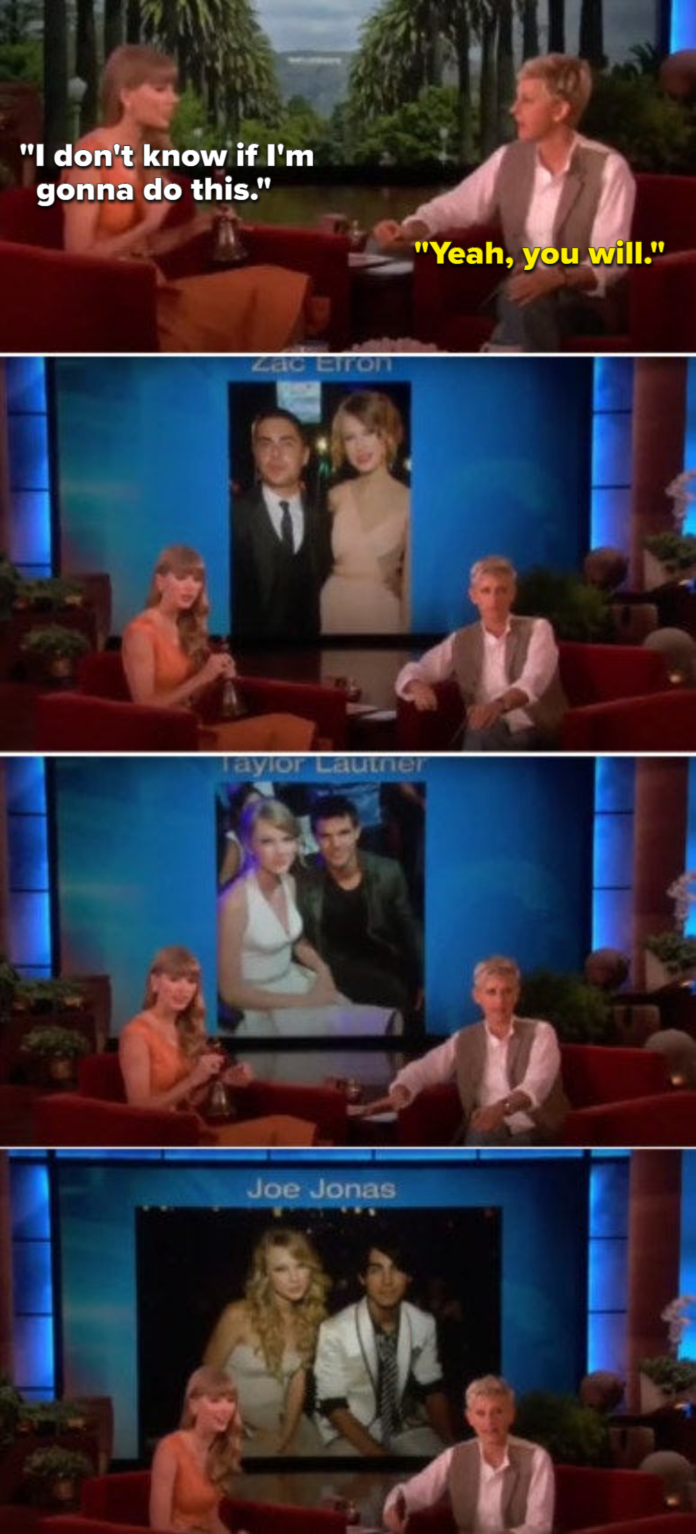 Ellen putting pictures of Taylor&#x27;s exes on a huge screen