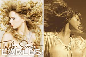 On the left, the "Fearless" album cover, and on the right, the "Fearless (Taylor's Version)" album cover
