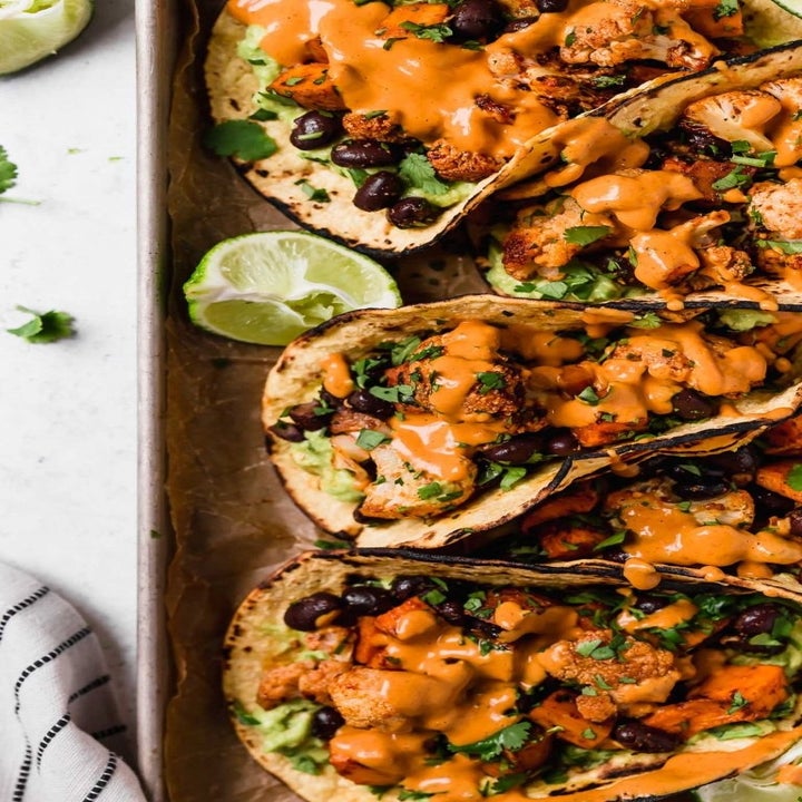 Cauliflower and sweet potato tacos with crema.