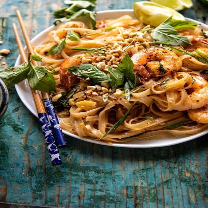 Garlic butter shrimp pad Thai.