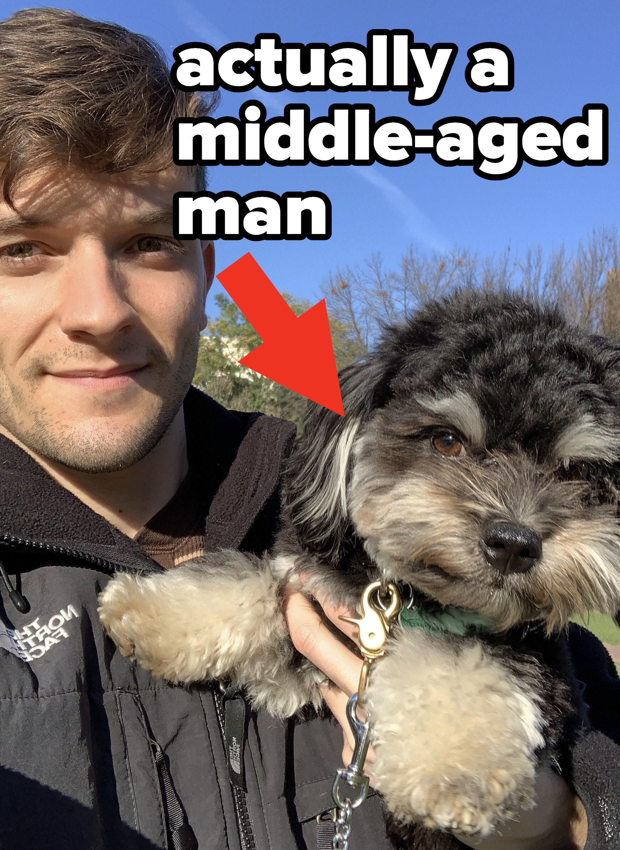 Stephen holding Cosmo with the caption &#x27;actually a middle-aged man&#x27;