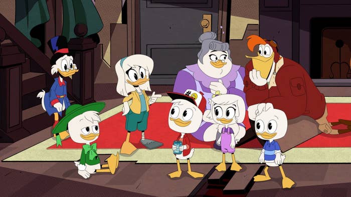 Photo of  Scrooge McDuck, Louie, Della , Huey, Mrs. Beakley , Webby , Launchpad McQuack, and Dewey from the  ‘Quack Pack!&#x27; episode