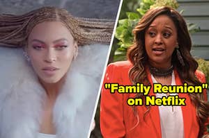 Beyonce in the formation music video on the left and tia mowry in family reunion on the right