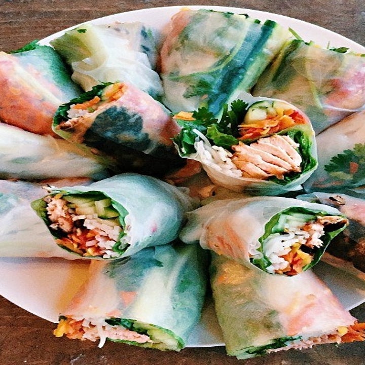 Salmon and vegetable spring rolls.