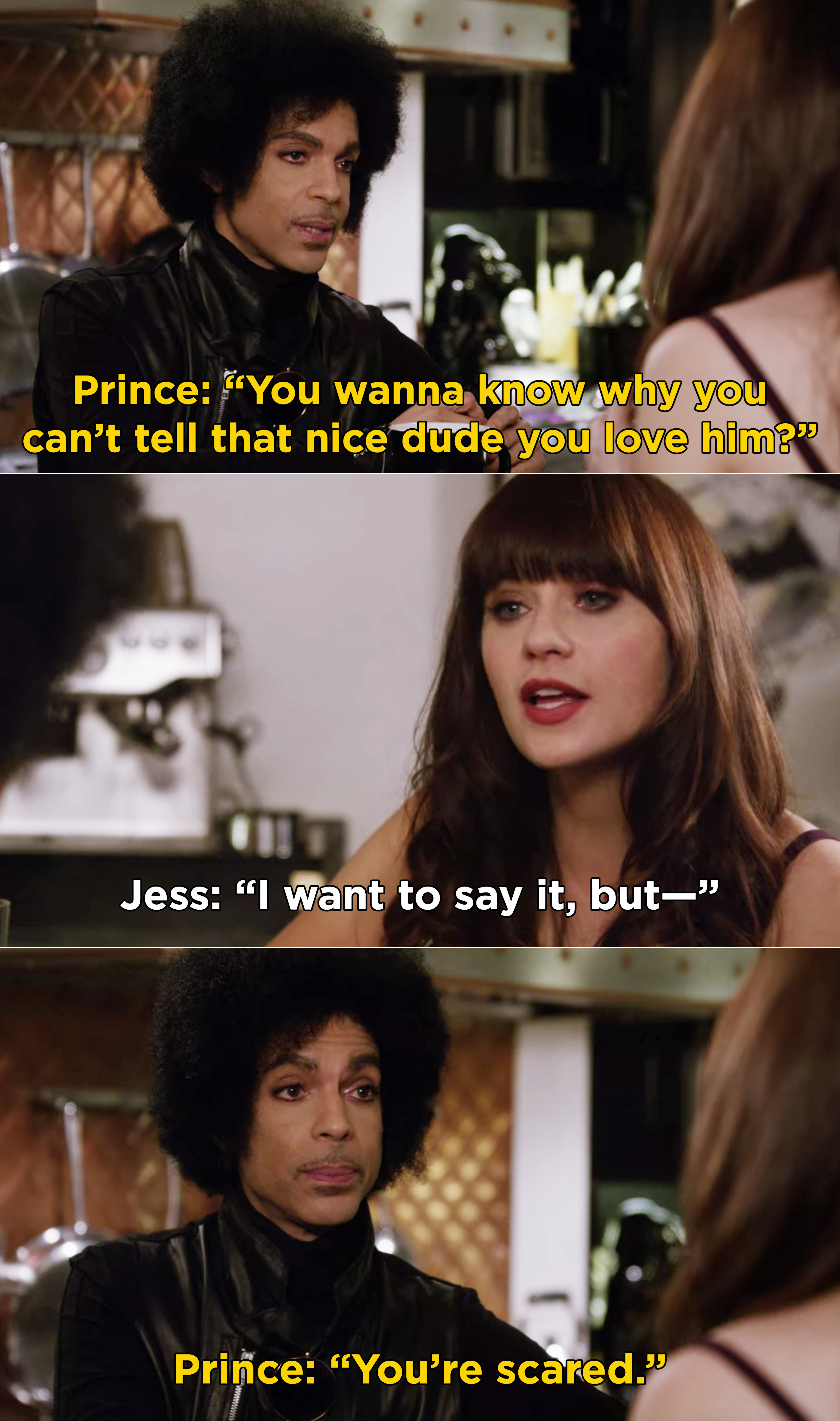Prince telling Jess that she&#x27;s scared to tell Nick that she loves him