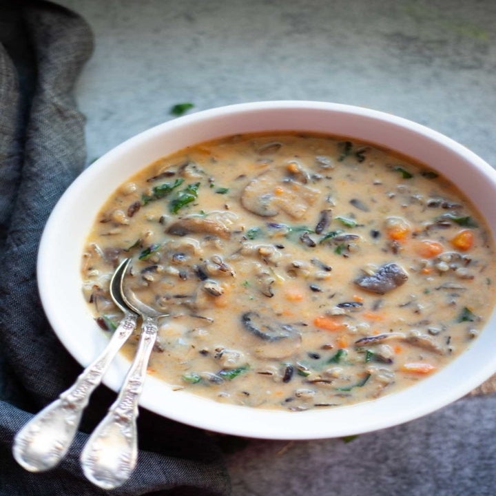 Creamy mushroom soup with wild rice and vegetables.