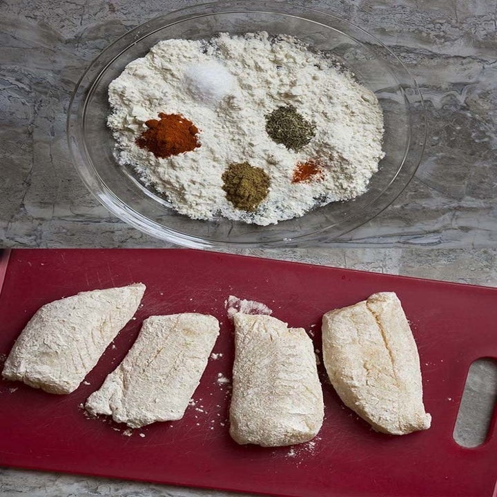 Cod dredged in flour and spices.