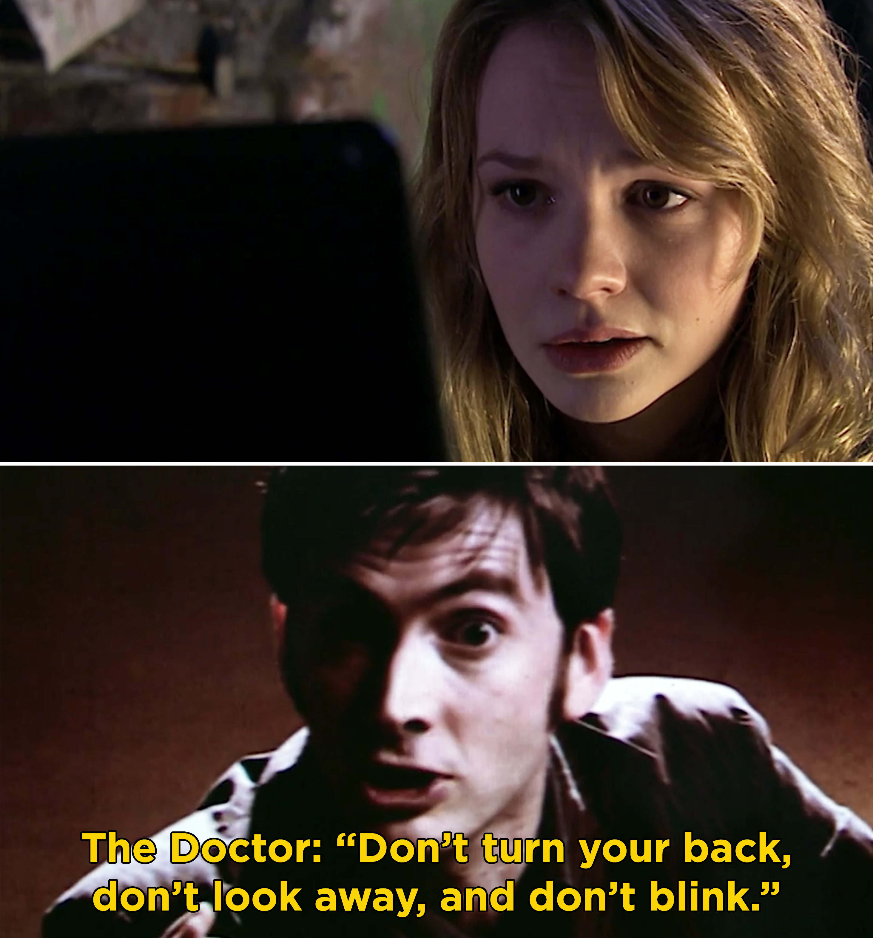 Sally watching a video of the Doctor, and the Doctor saying, &quot;Don&#x27;t turn your back, don&#x27;t look away, and don&#x27;t blink&quot;