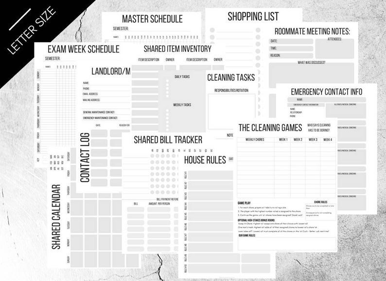 12 pages formatted differently to address roommates need from bill tracking to shared inventory 