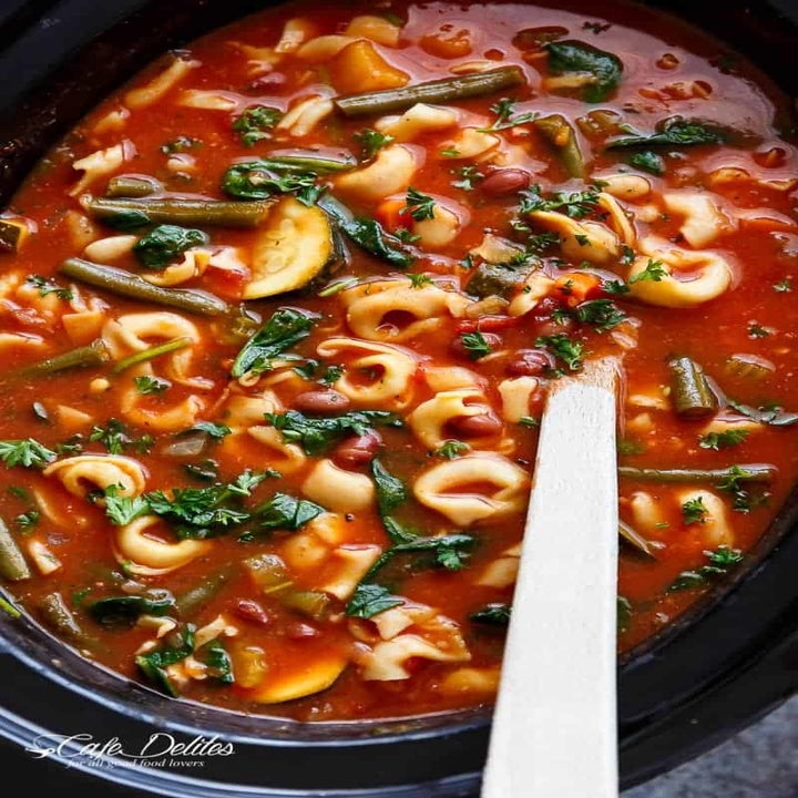 Tortellini minestrone soup in the slow cooker.