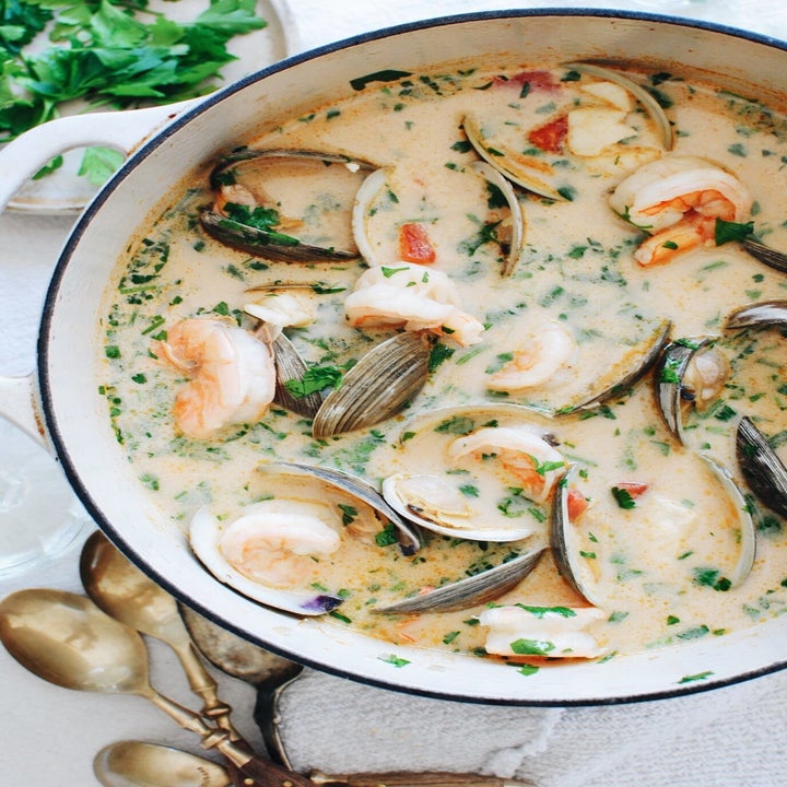 A pot of creamy seafood soup.