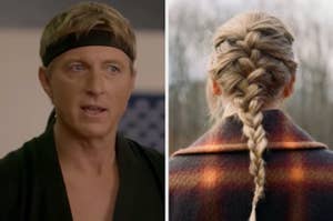 William Zabka as Johnny Lawrence in the show "Cobra Kai" and the album cover for Taylor Swift's "evermore."