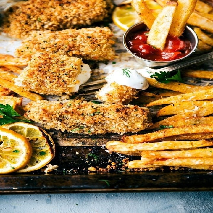 Sheet pan breaded fish and French fries.