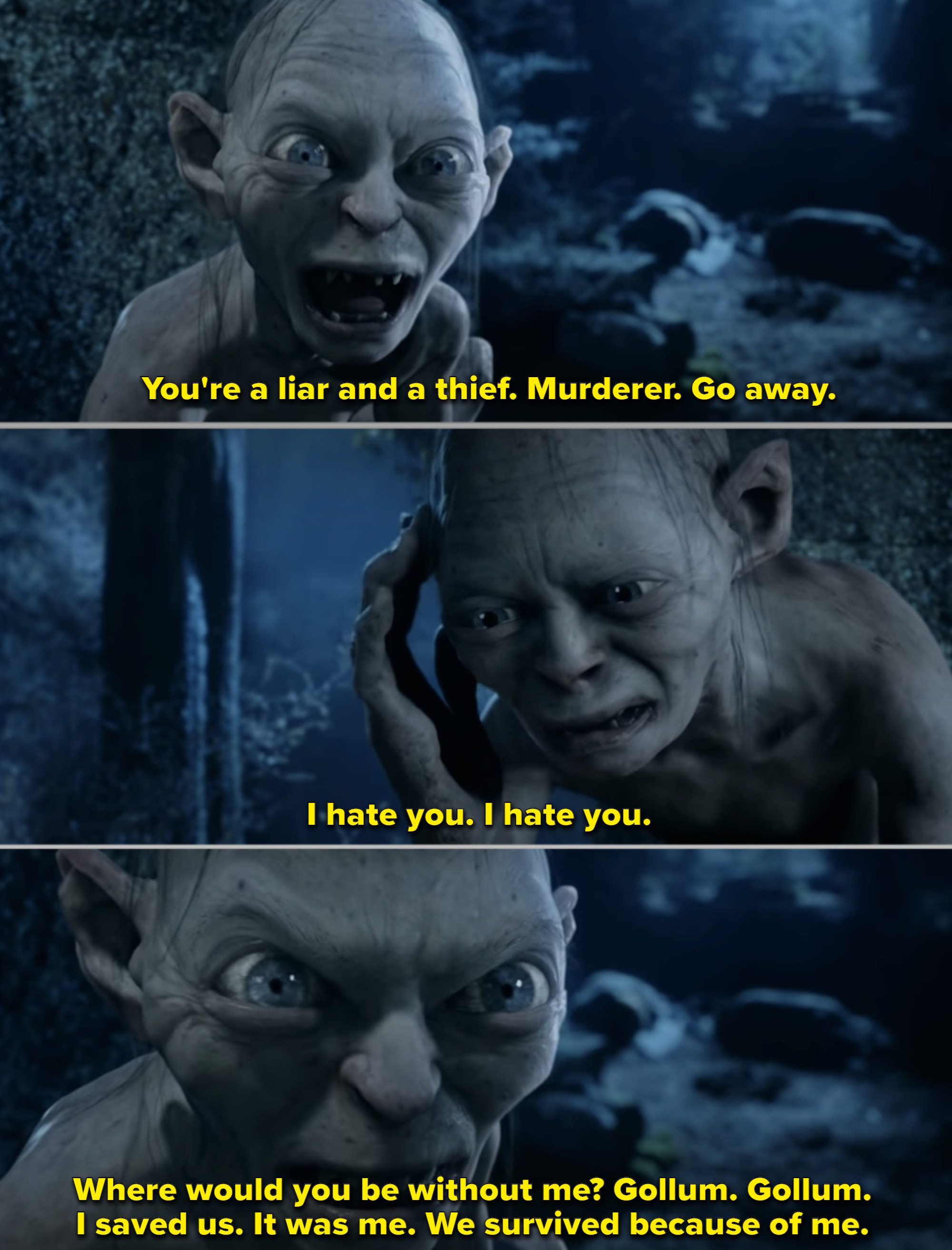 Gollum and Smeagol talking back to each other