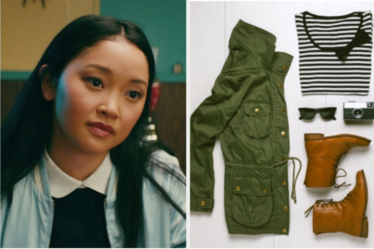 Lara Jean looks concerned at a table on the left with an array of fall clothing items on the right 