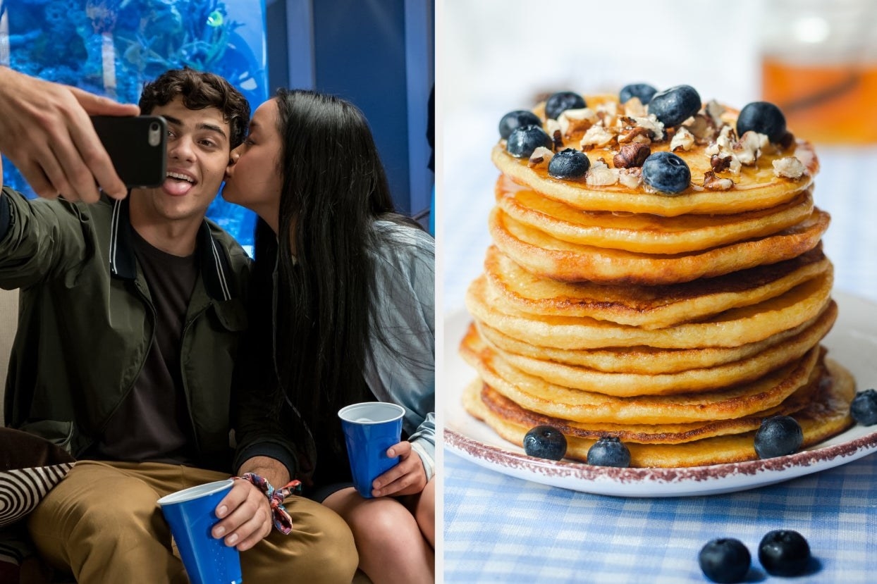 Lara Jean kissing Peter K.&#x27;s cheek in &quot;TATB&quot; with a stack of pancakes 