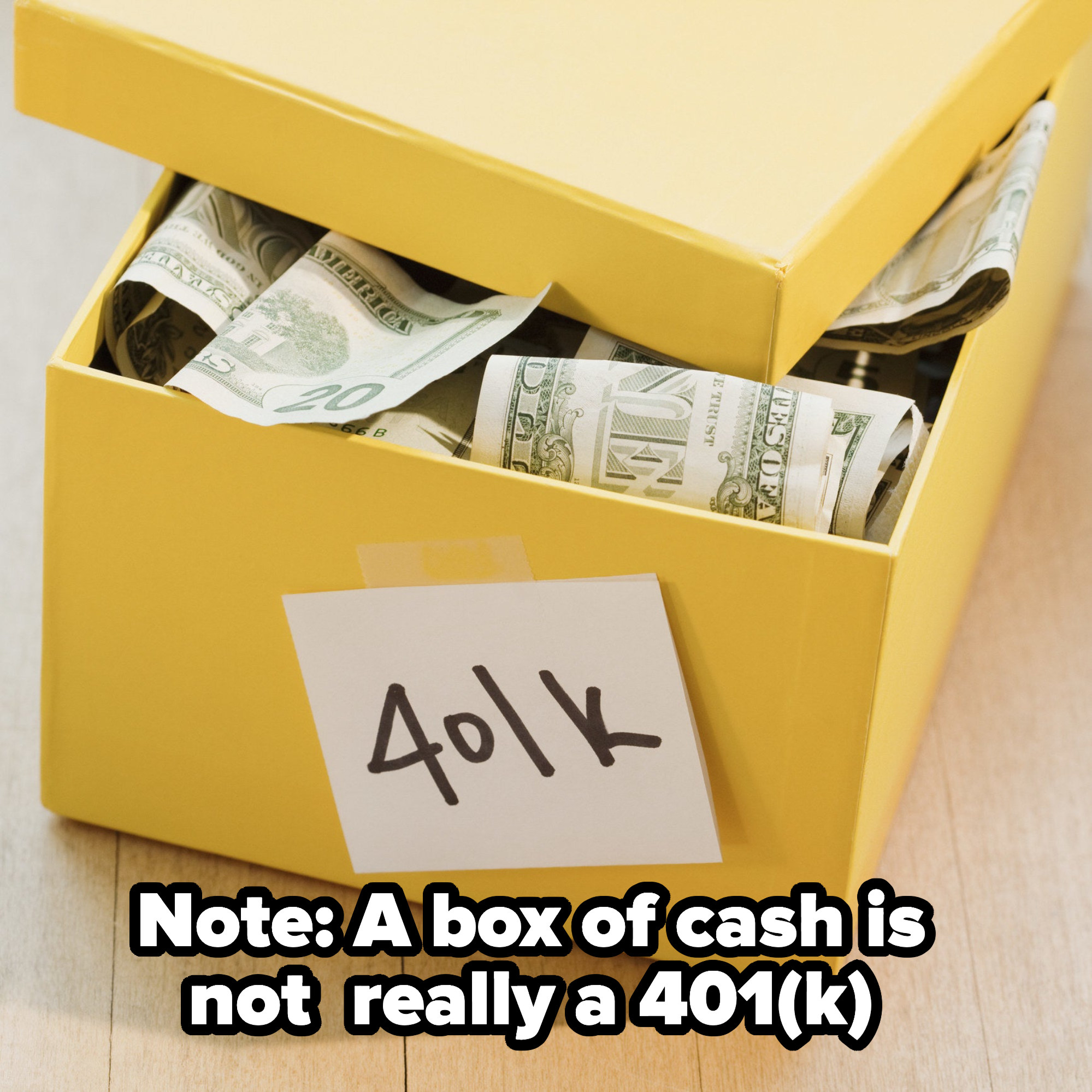 Box full of cash labeled &quot;401k&quot;