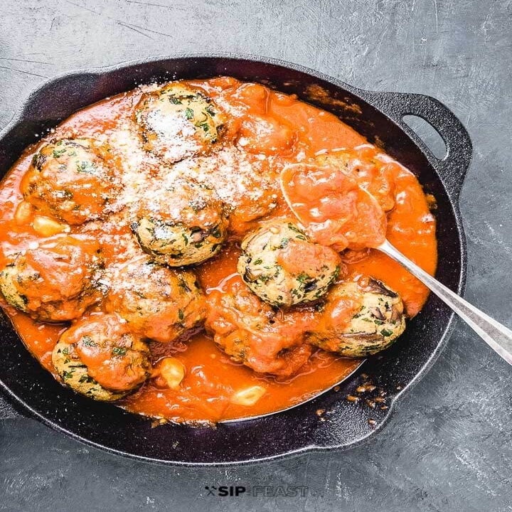Mushroom meatballs in tomato sauce.