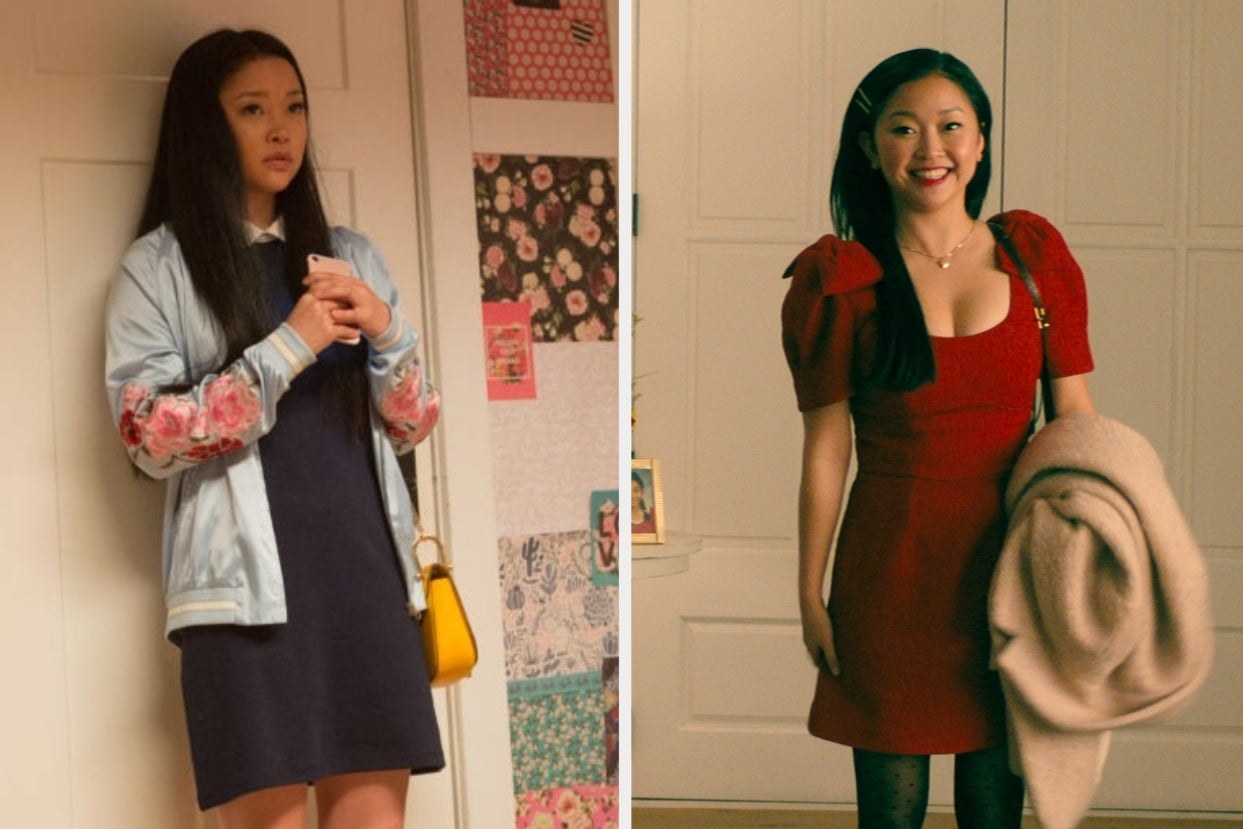 Lara Jean wearing blue dress and floral coat and Lara Jean wearing fancy red dress with bows 