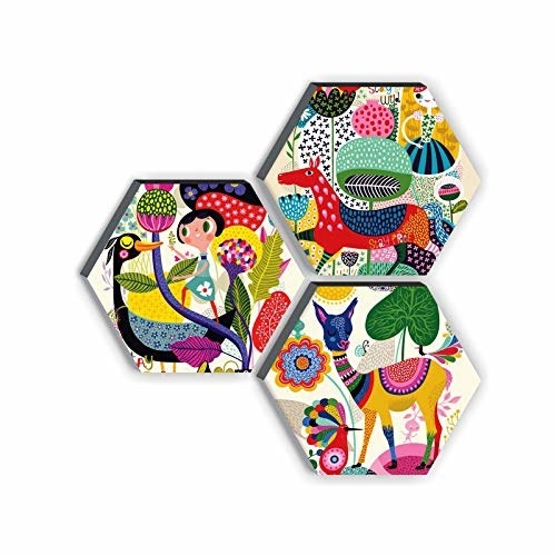 Hexagonal paintings on a wall