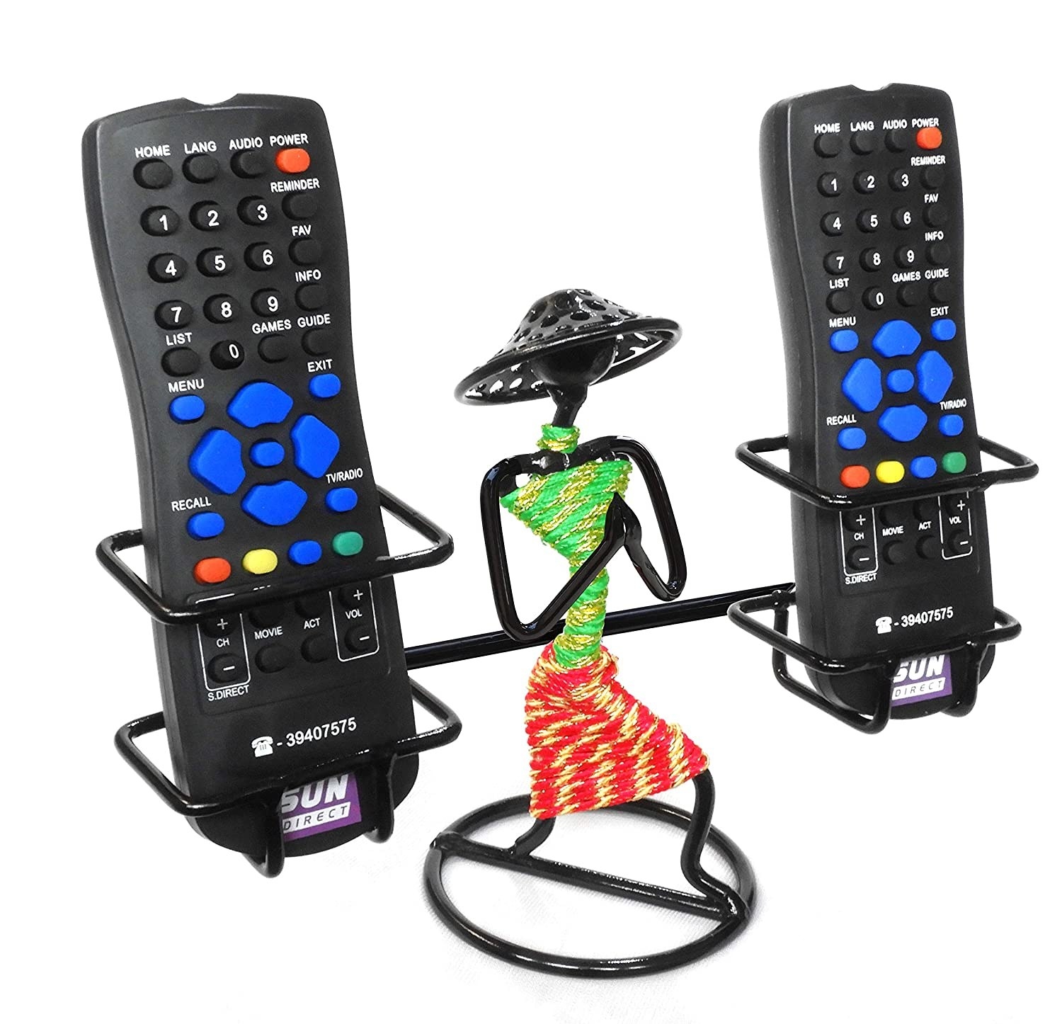 A lady shaped remote holder with remotes on the side