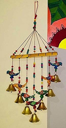 A colourful wind chime with birds on it