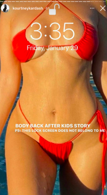 iPhone lock screen of Kourtney in a bikini with caption &quot;body back after kids story&quot;
