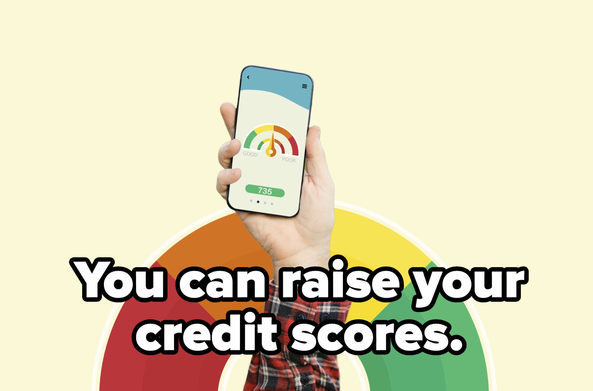 Hand holding a smartphone showing a credit score of 735