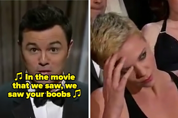 Seth MacFarlane singing a sexist song at the 2013 Oscars with Charlize Theron looking on in disgust