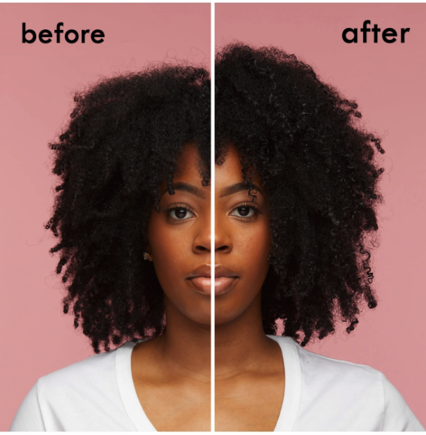 model&#x27;s before-and-after of her hair looking more full, defined, and moisturized after using the product
