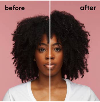 model's before-and-after of her hair looking more full, defined, and moisturized after using the product