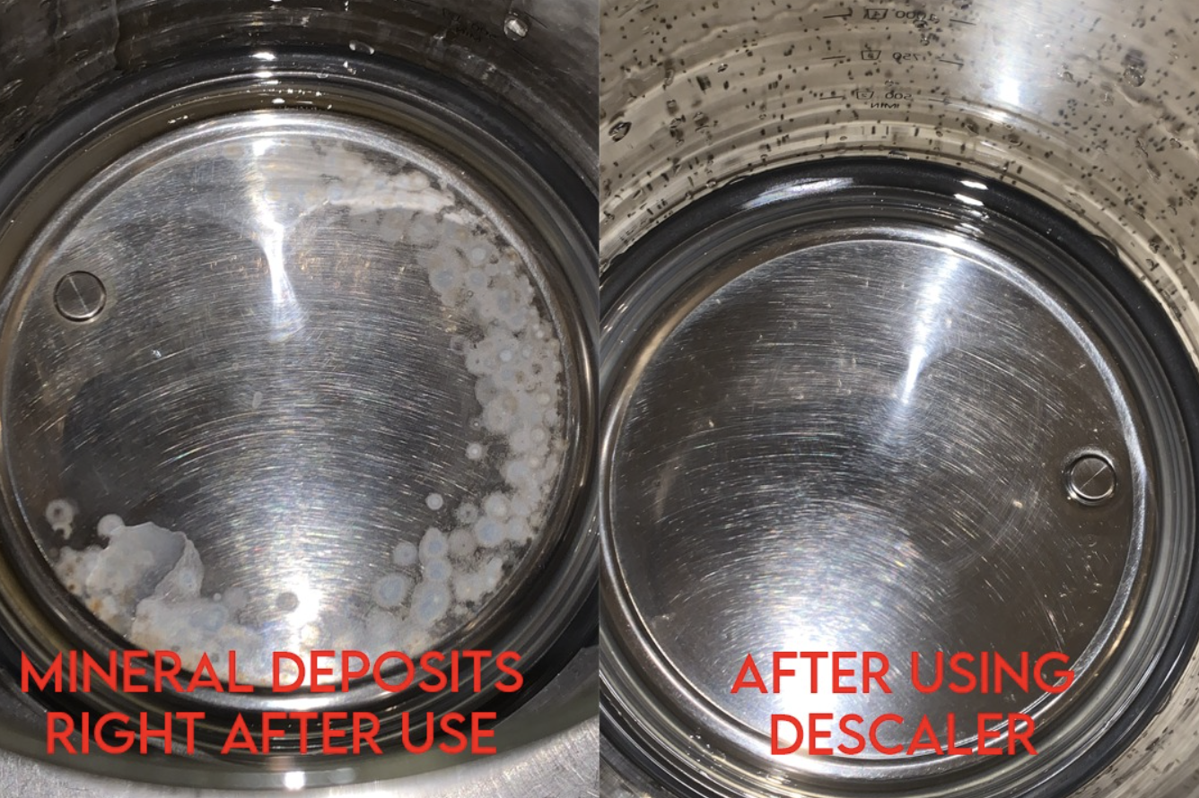 Reviewer before-and-after photo of mineral deposits removed from electric kettle